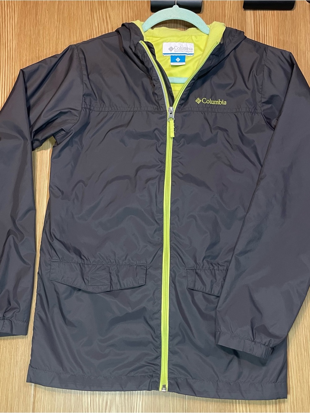 Columbia Fleece Lined Rain Jacket Girls Youth L (14/16) Charcoal Gray Neon Green